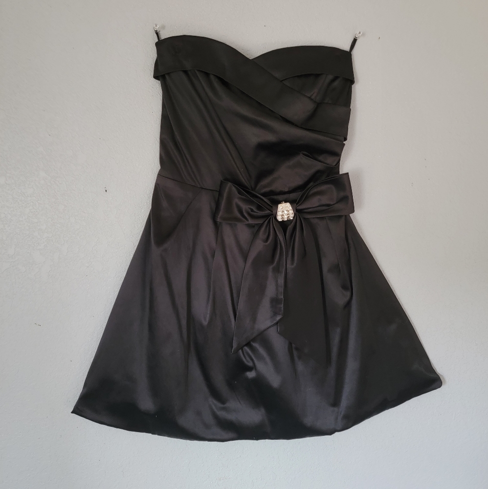 Papaya Black Satin Strapless Cocktail Dress